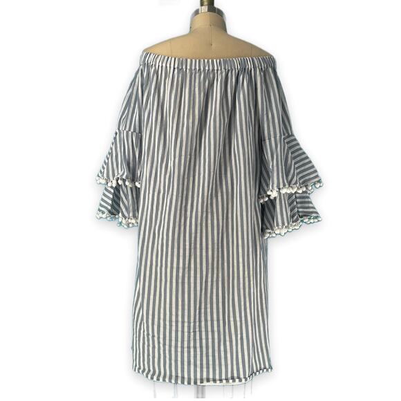 Neiman Marcus Off-Shoulder Striped Pom-Pom Shift Dress size Large - Picture 2 of 7